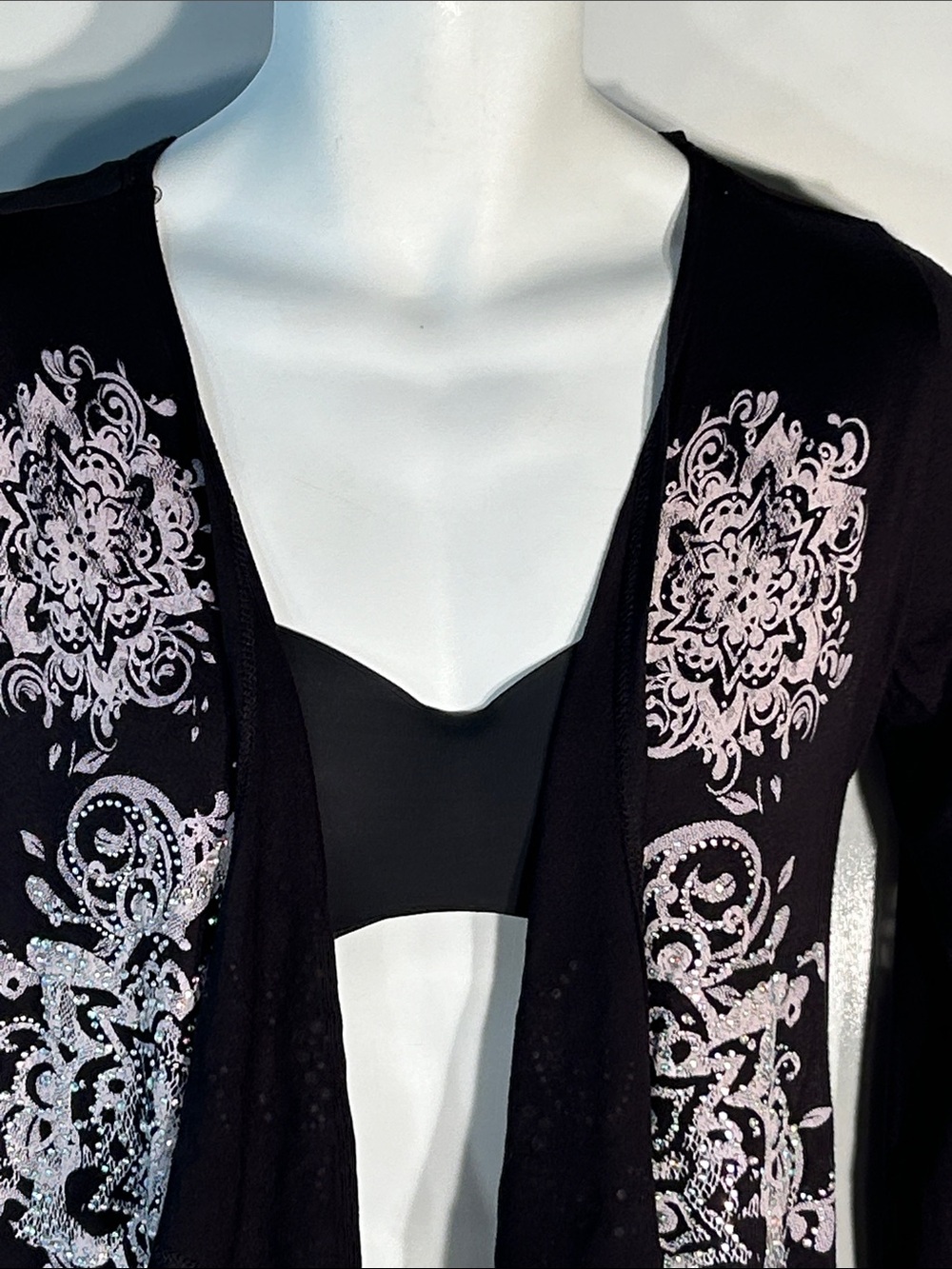 Vocal SZM Black & Silver Floral Rhinestone Cardigan Whimsigoth Fairy Grunge Y2K - Picture 3 of 9